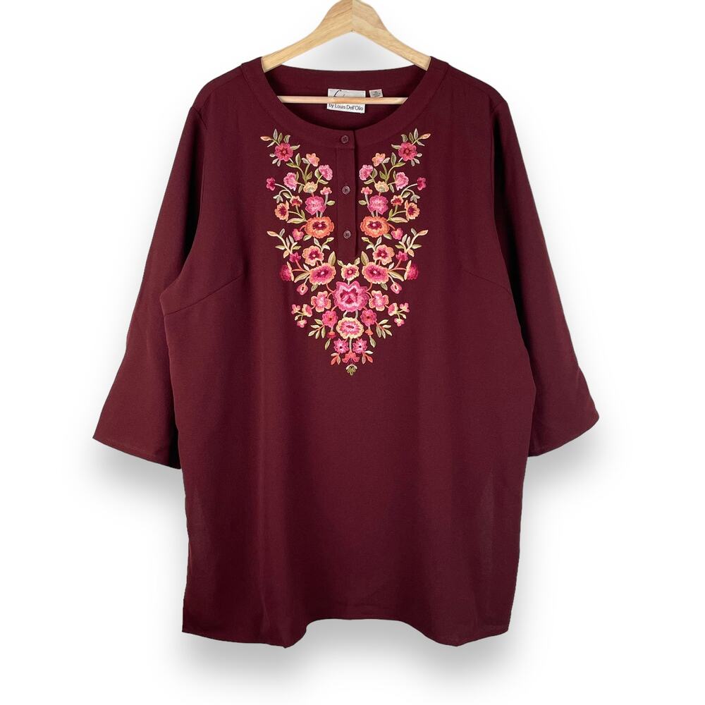 Linea by Louis Dell’Olio Womens Top XL Floral Embroidered Tunic Burgundy Shirt